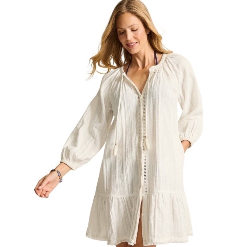 Tommy Bahama Gauze‎ Swimsuit Cover Up Dress White Sz M Button Up Cotton RTL $148
